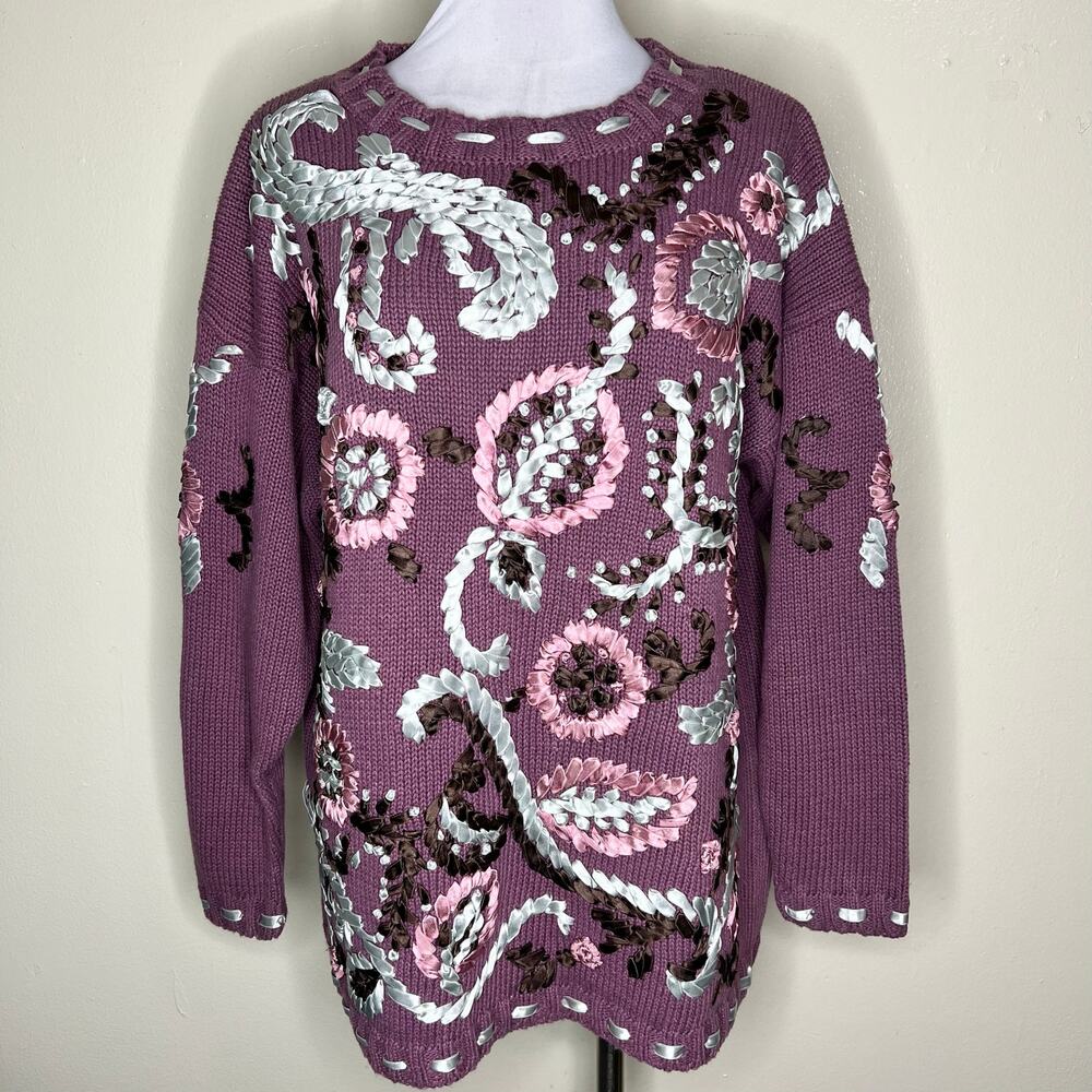 Vintage Curio Sweater Large Purple Chunky Knit Ribbon Rosette Artsy Grandmacore